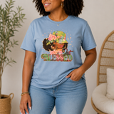 Heather blue Just Blessed t-shirt with floral hat woman illustration