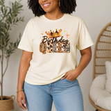 Cream Birthday Queen t-shirt with gold crown and leopard print text
